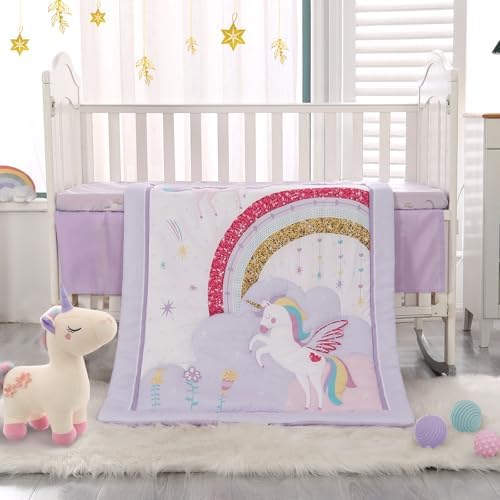 Wowelife Unicorn Crib Bedding Set Purple 3 Pieces