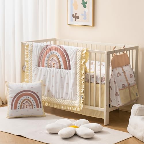 ROBUD Crib Bedding Set for Boy Girl with Rainbow Pattern Beige