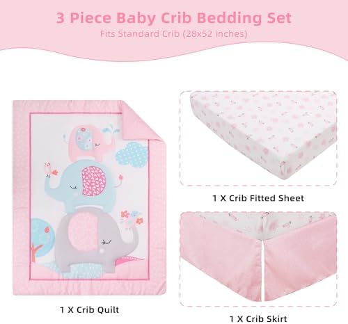 YCDTMY 3 Piece Crib Bedding Set for Girls - Pink Elephant