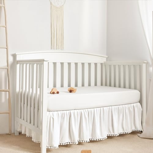 TILLYOU Crib Skirt 28x52 14 Drop White Ruffles Pompoms
