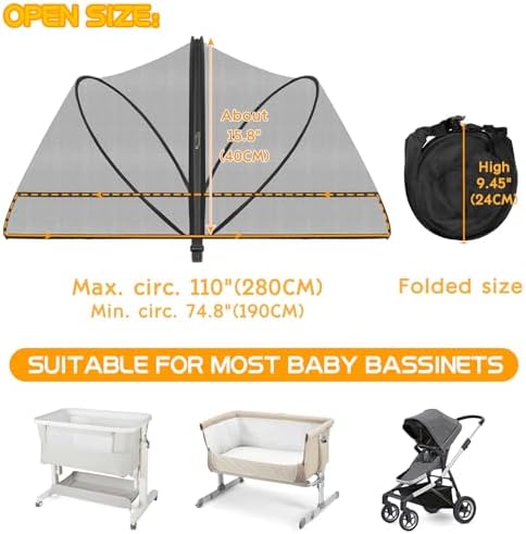 Bassinet Mosquito Net Cover - Pet-Proof with 2-Way Zipper Black-Small