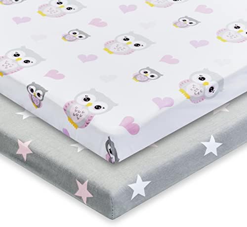 EVERYDAY KIDS 2 Pack Cradle Sheets - Pink Purple Owl Heart Star 100 Cotton