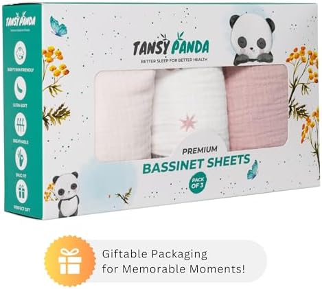 TANSY PANDA Muslin Bassinet Sheets 3 Pack 19x32in Pink Rainbow