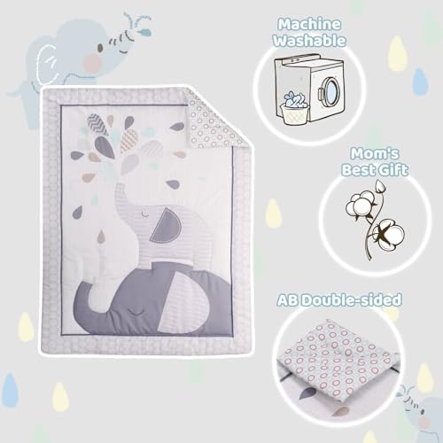 Wowelife Mini Crib Bedding Set for Boys Gray Elephant Theme