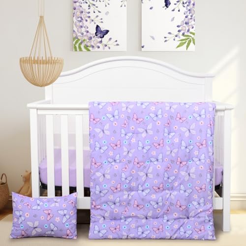 JISEN 3 Piece Crib Bedding Set Butterfly Comforter Set Purple