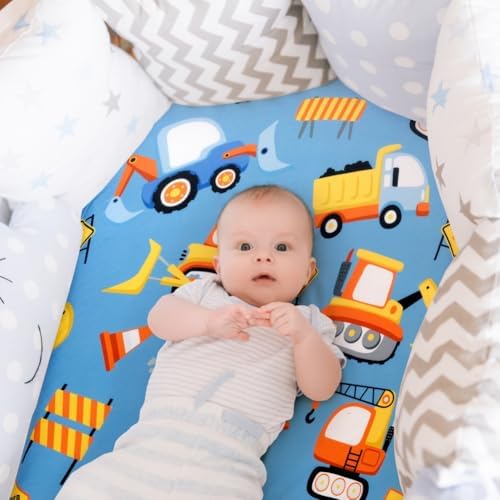 4 Pack Baby Boy Bassinet Sheets Set with Construction Truck and Dinosaur Theme