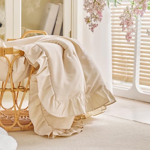 UOZZI BEDDING Ruffled Crib Comforter Quilt - 39x47 Cream