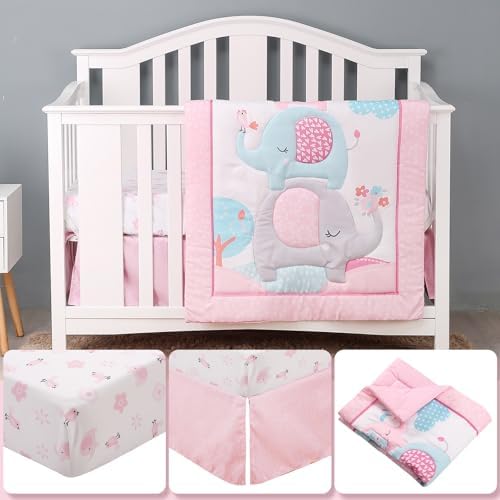 YCDTMY 3 Piece Crib Bedding Set for Girls - Pink Elephant