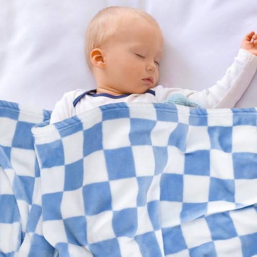 GreatBba Plush Checkered Baby Blanket 30x40 Blue White