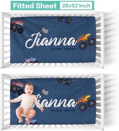 Custom Crib Bedding Set 3 Piece - Monster Trucks Design for Newborns