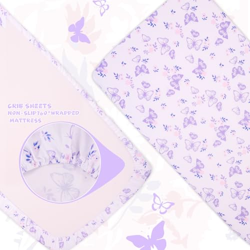 Cloele Floral Butterfly Crib Bedding Set for Girls 3 Pieces Purple