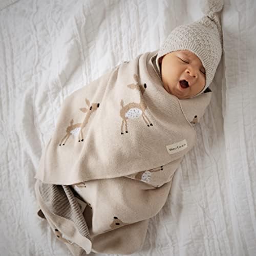 Bleu La La Knit Baby Swaddle Blanket - Deer Theme Taupe 100 Cotton