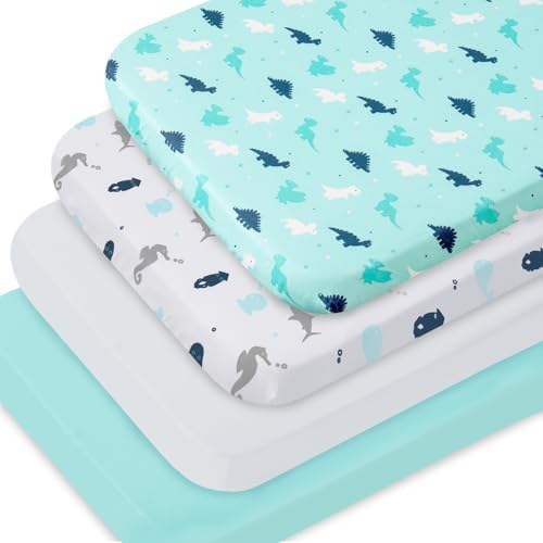 SPRINGSPIRIT Bassinet Fitted Sheets 4 Pack Aqua Dinosaurs