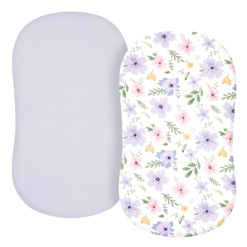 TILLYOU Bassinet Sheets 2 Pack - 33X16 Soft Floral Purple