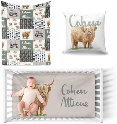 Personalized Crib Bedding Set for Boys - Highland Cow Theme with Name