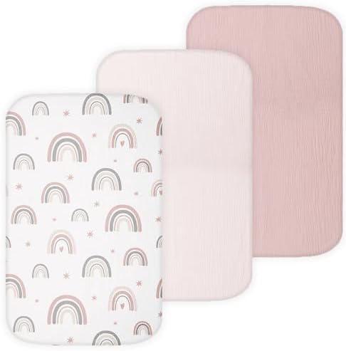 TANSY PANDA Muslin Bassinet Sheets 3 Pack 19x32in Pink Rainbow