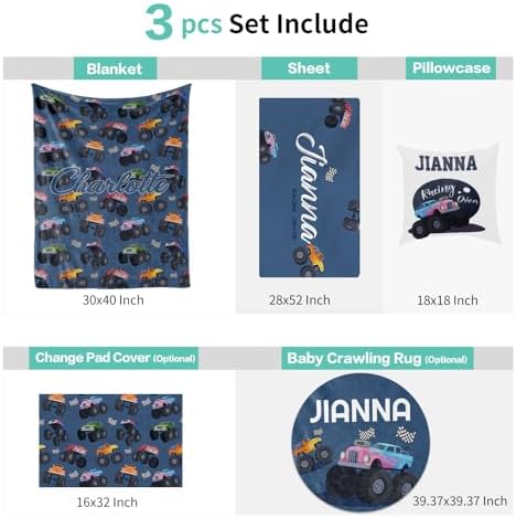 Custom Crib Bedding Set 3 Piece - Monster Trucks Design for Newborns