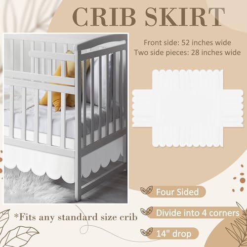 Hahafelt White Scalloped Crib Skirt 28x52 with 14 Drop Pleated Dust Ruffle