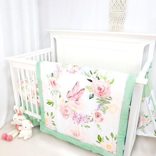 4-Piece Crib Bedding Set Green Pink