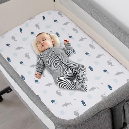 SPRINGSPIRIT Bassinet Fitted Sheets 4 Pack Aqua Dinosaurs