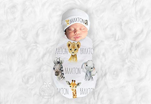 Baby Boy Personalized Safari Animal Swaddle Blanket 1