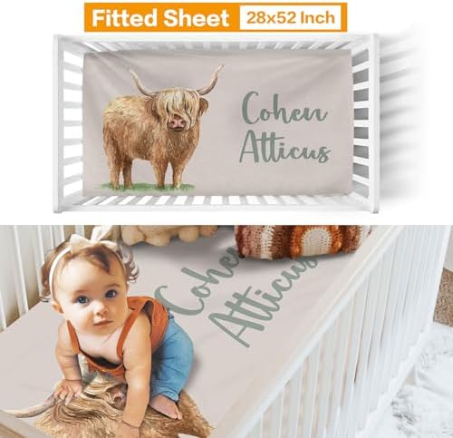 Personalized Crib Bedding Set for Boys - Highland Cow Theme with Name