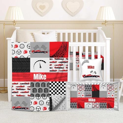 Custom Baby Crib Bedding Set with Name and Race Car Design