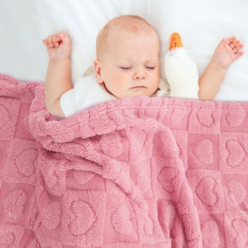 VEIDIA Plush Soft Checkered Baby Blanket 3039 Deep Pink Heart