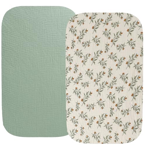 2 Pack Muslin Bassinet Sheets for Baby Roman Green Botanical Leaf