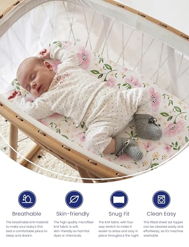 TotAha Premium Stretchy Bassinet Sheets 4-Pack Pale Pink Floral