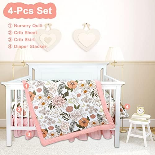 4-Piece Crib Bedding Set for Girls with Daisy Flowers