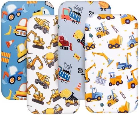 4 Pack Baby Boy Bassinet Sheets Set with Construction Truck and Dinosaur Theme