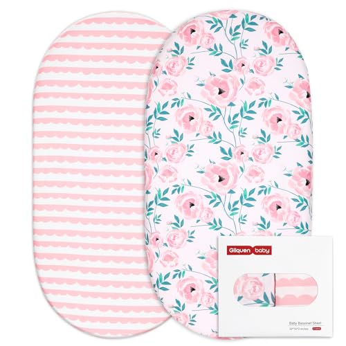 GLLQUEN Baby Bassinet Sheets Set 2-Pack with Pink Flower Design