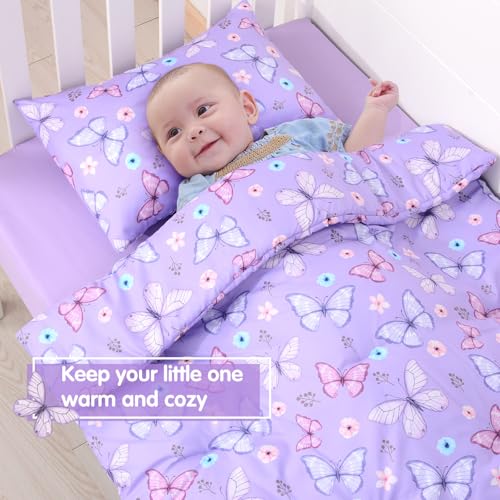 JISEN 3 Piece Crib Bedding Set Butterfly Comforter Set Purple