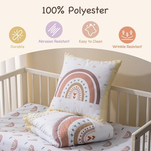 ROBUD Crib Bedding Set for Boy Girl with Rainbow Pattern Beige