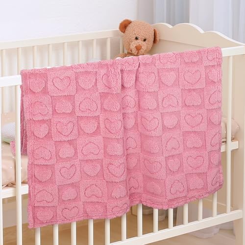 VEIDIA Plush Soft Checkered Baby Blanket 3039 Deep Pink Heart