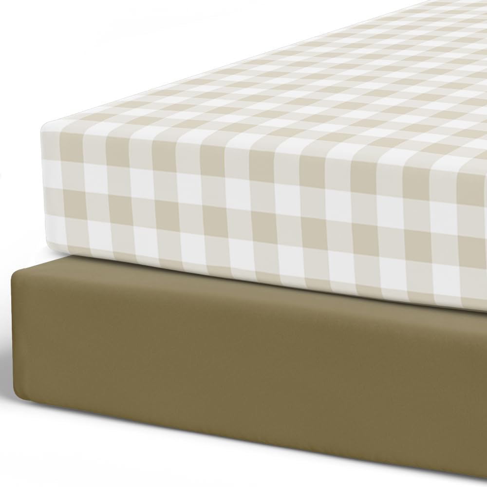 Pobibaby 2 Pack Crib Sheets for Boys Gingham Khaki 1