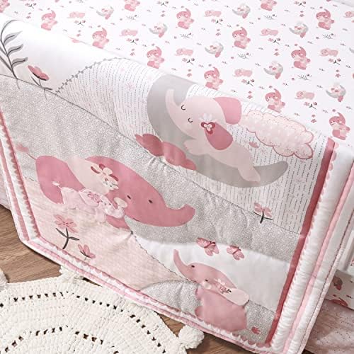 The Peanutshell 3 Piece Crib Bedding Set for Girls - Pink Elephant