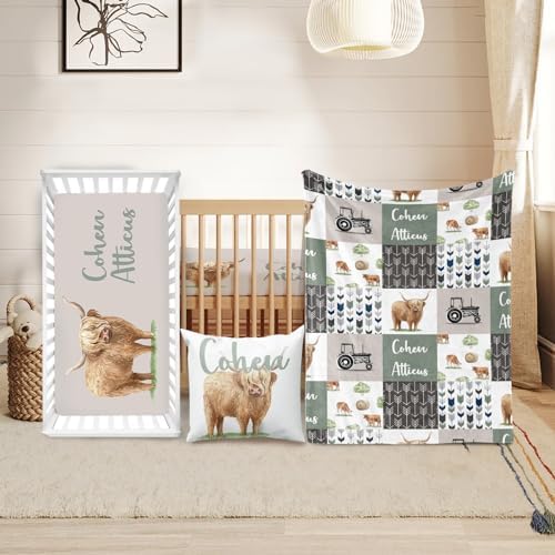 Personalized Crib Bedding Set for Boys - Highland Cow Theme with Name