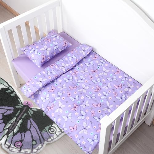 JISEN 3 Piece Crib Bedding Set Butterfly Comforter Set Purple
