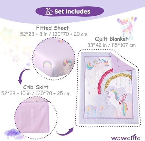 Wowelife Unicorn Crib Bedding Set Purple 3 Pieces