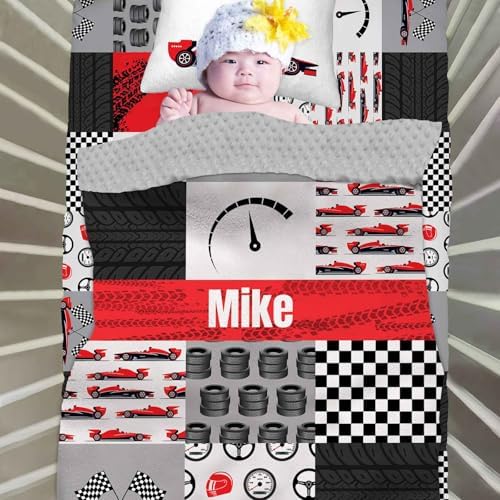 Custom Baby Crib Bedding Set with Name and Race Car Design
