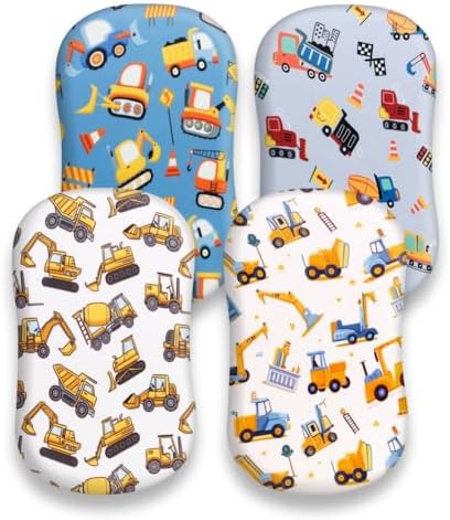 4 Pack Baby Boy Bassinet Sheets Set with Construction Truck and Dinosaur Theme