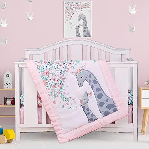 Girl Crib Bedding Set with Giraffe Floral Design
