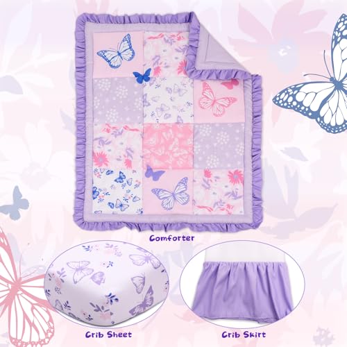 Cloele Floral Butterfly Crib Bedding Set for Girls 3 Pieces Purple