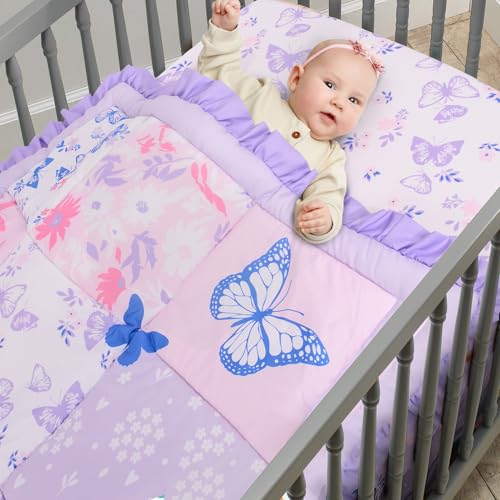 Cloele Floral Butterfly Crib Bedding Set for Girls 3 Pieces Purple