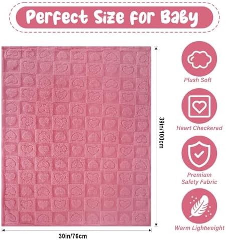 VEIDIA Plush Soft Checkered Baby Blanket 3039 Deep Pink Heart