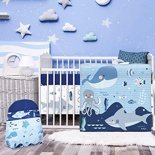 Rtteri 4-Piece Baby Crib Bedding Set with Whale Print
