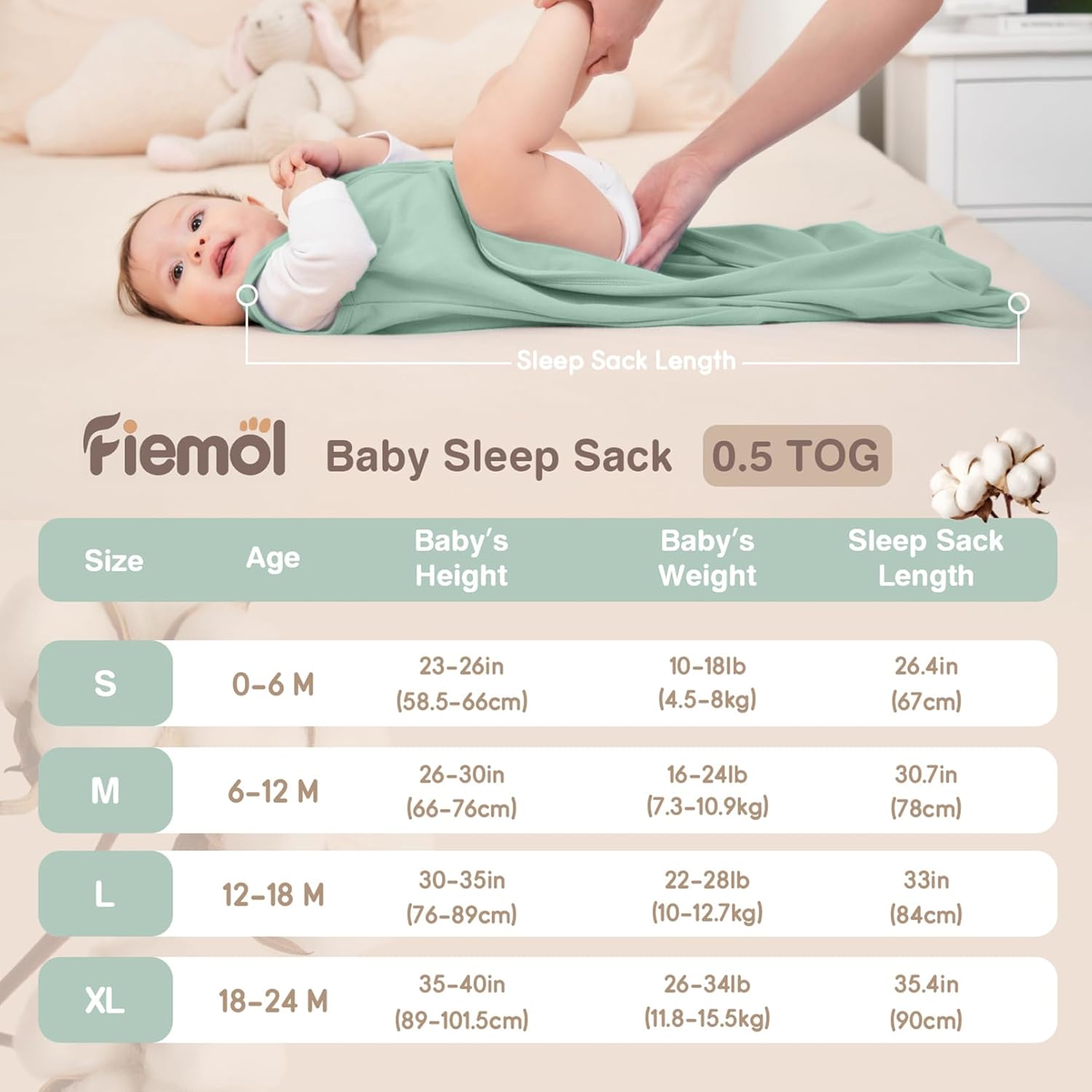 Baby Sleep Sack 12-18 Months 3 Pack Apricot 100 Cotton