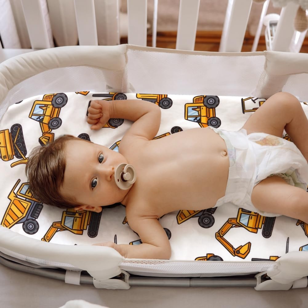 4 Pack Baby Boy Bassinet Sheets Set with Construction Truck and Dinosaur Theme